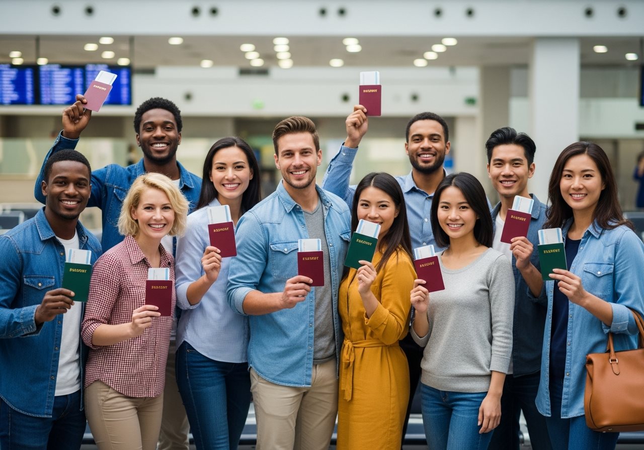 Diverse group of international travelers ready to visit Ethiopia