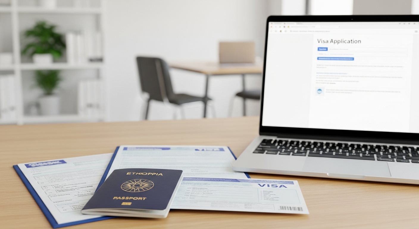 Ethiopian passport and visa documents with laptop showing online application